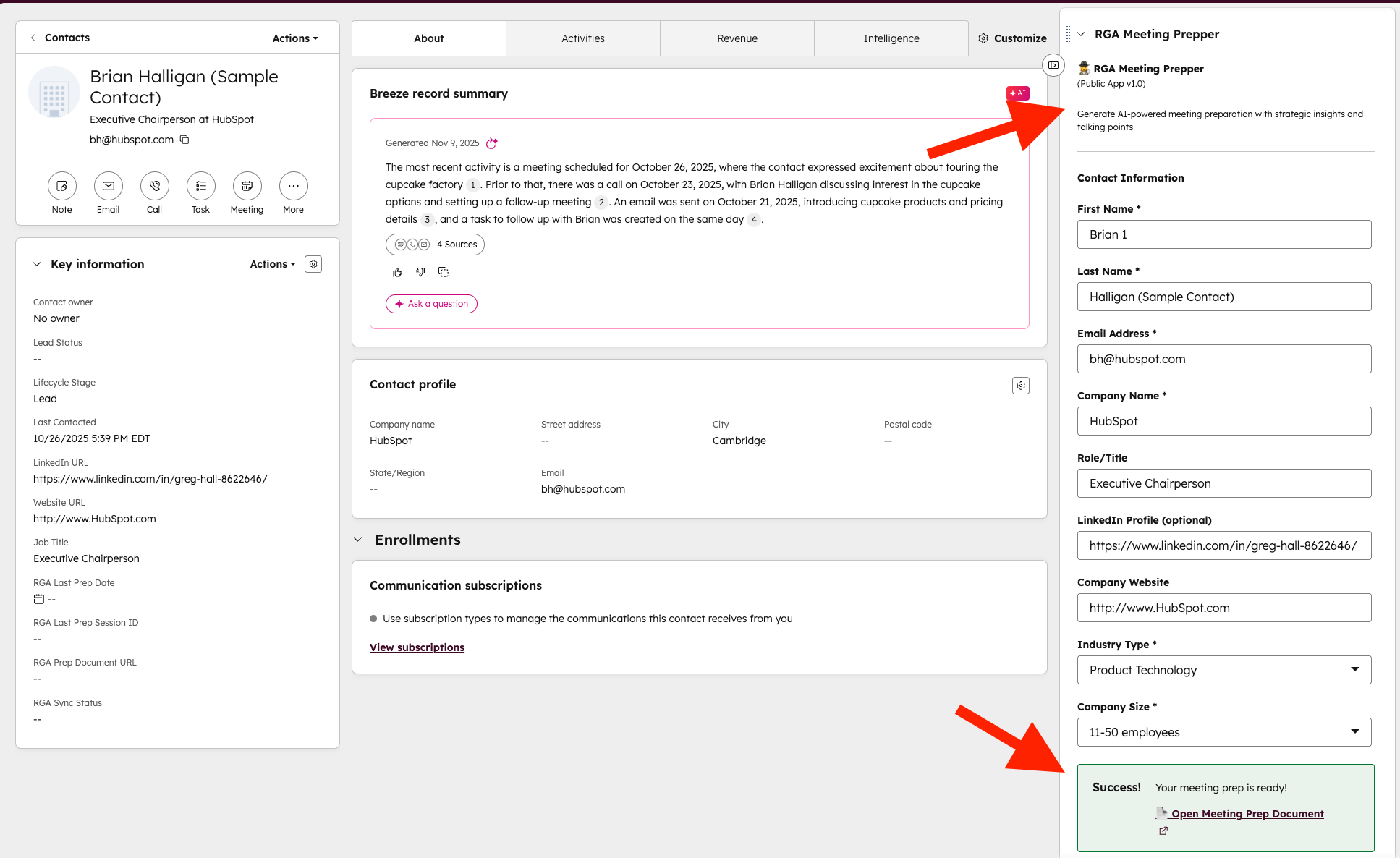 Revenue Growth Agent Meeting Prepper CRM card in HubSpot Contact record
